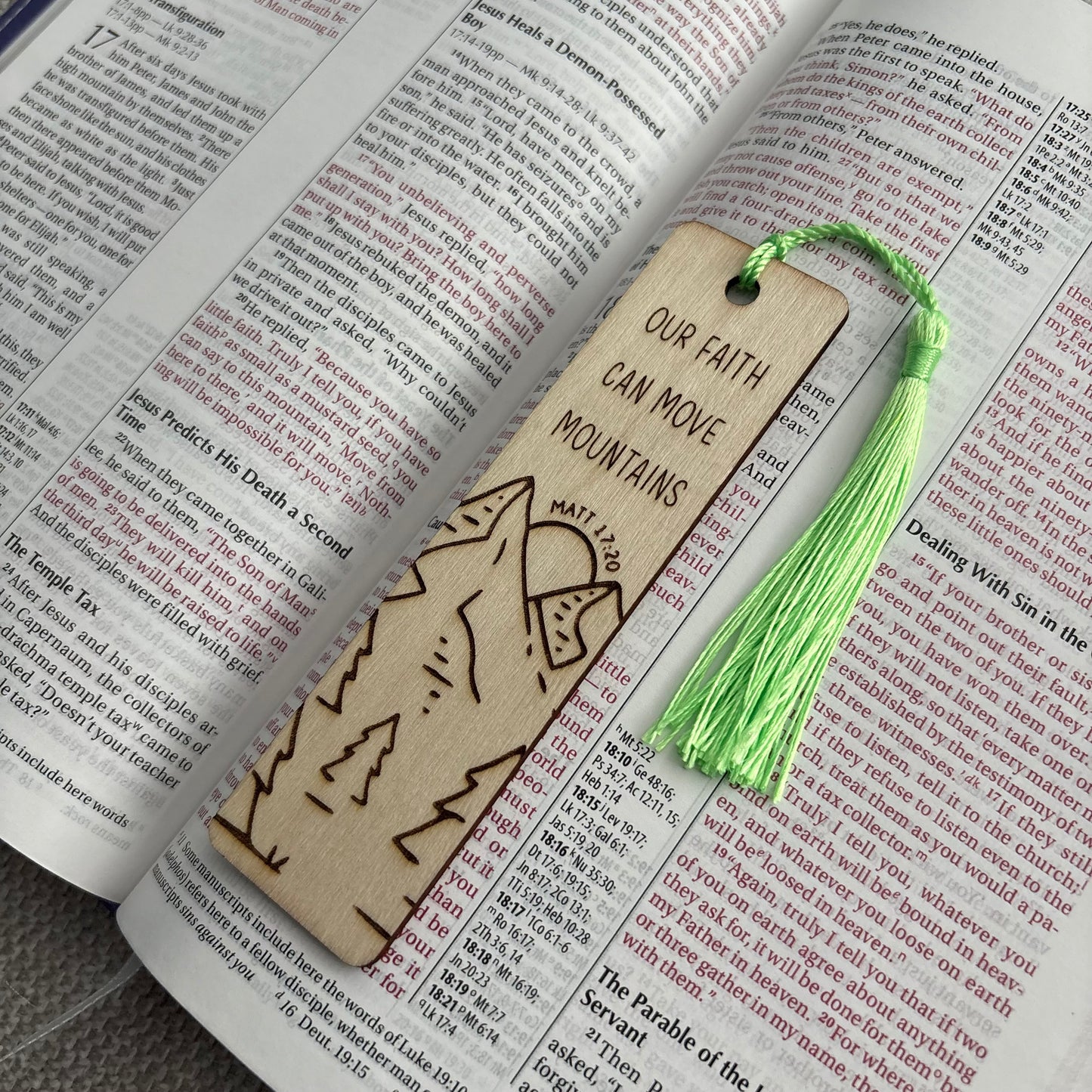 'Our faith can move mountains' laser engraved wooden bookmark
