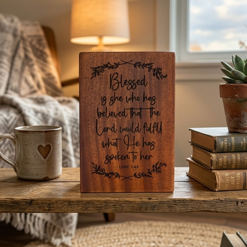 'Blessed is she who has believed' mahogany decorative plaque