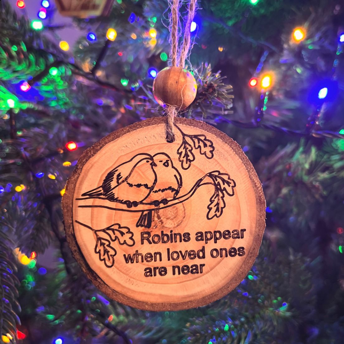 ❆ ‘Robins appear’ remembrance log slice bauble