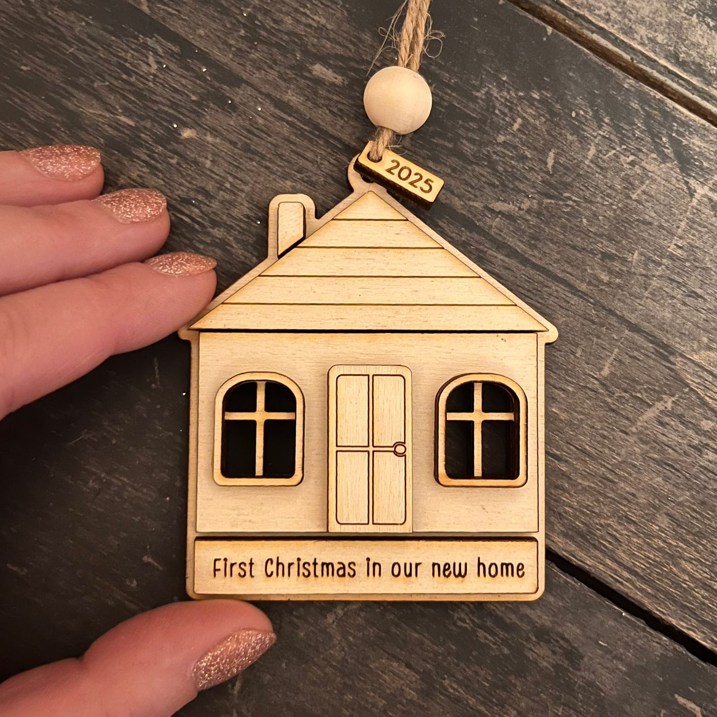 ❆ 'First Christmas in our new home' wooden Christmas bauble