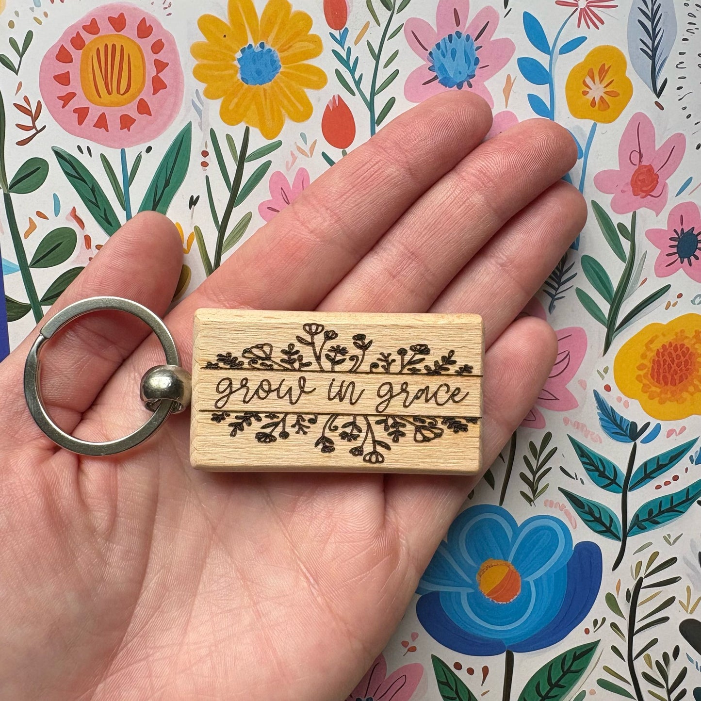 'Grow in grace' wooden keyring