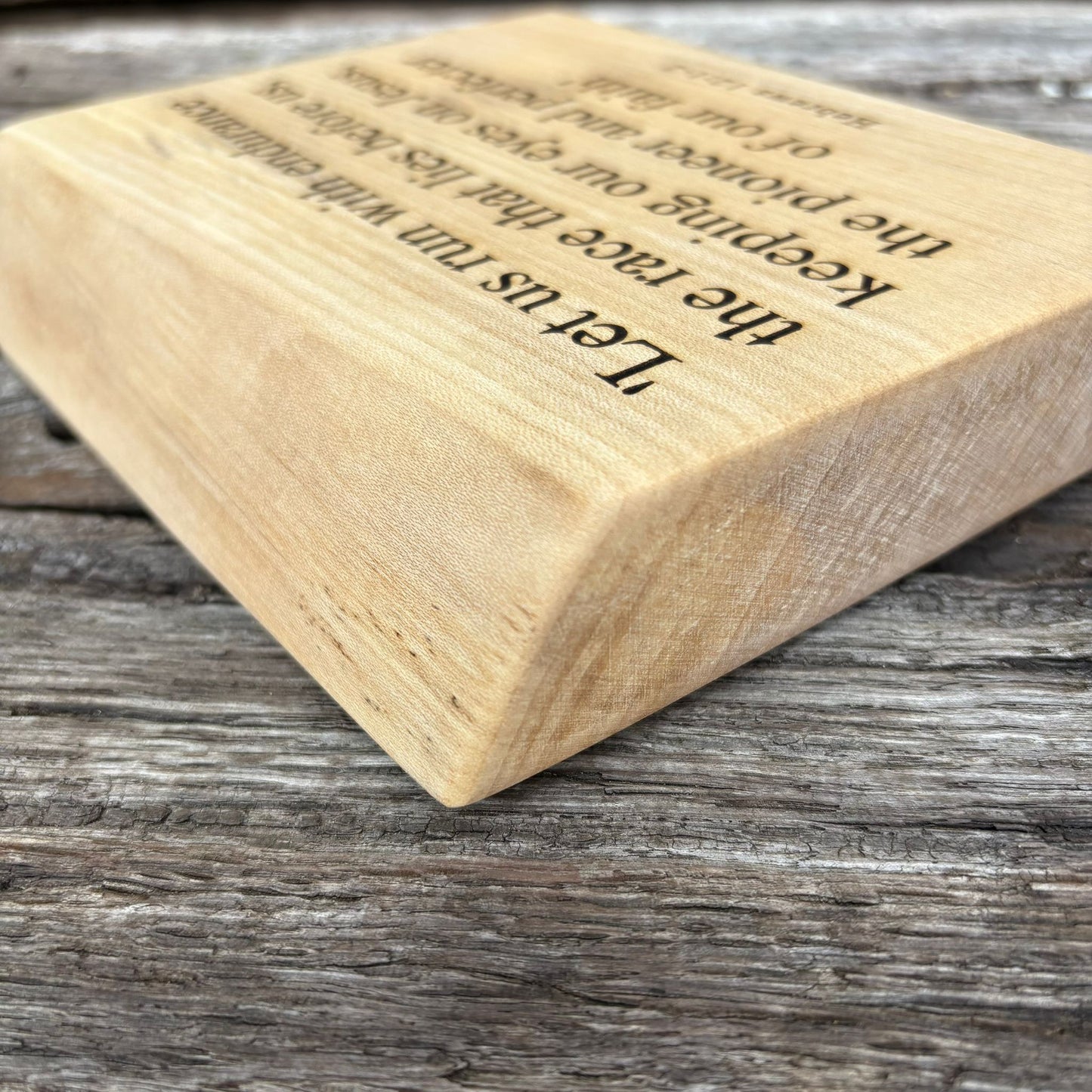 'Let us run with endurance' - live edge sycamore wooden plaque