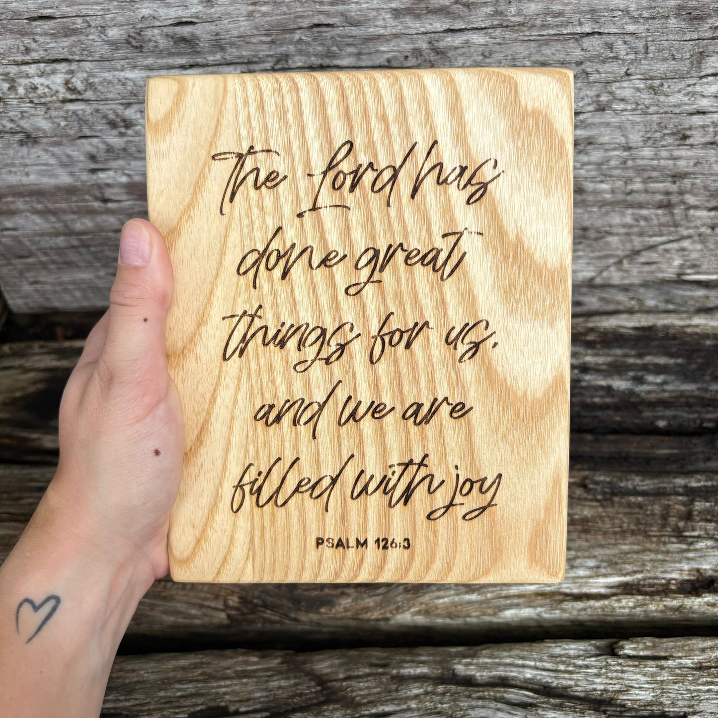 'The Lord has done great things for us' - ash decorative plaque