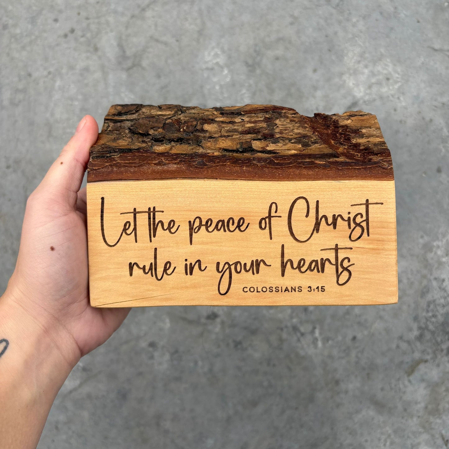 'Let the peace of Christ rule in your hearts' live edge Lebanese cedar plaque