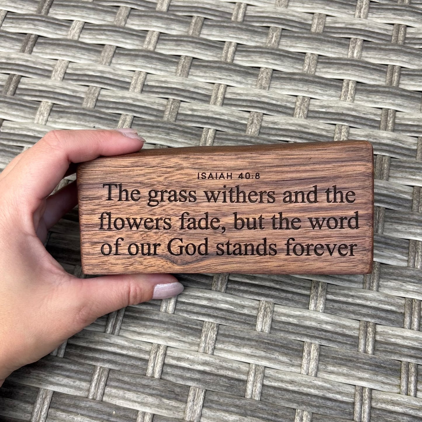 'The word of our God stands forever' live edge walnut plaque