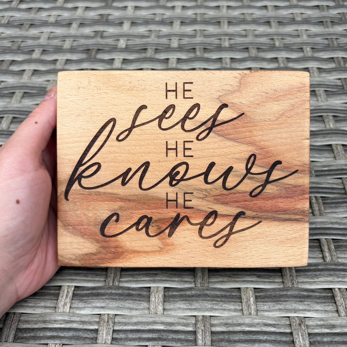 'He sees, He knows, He cares' decorative birch plaque