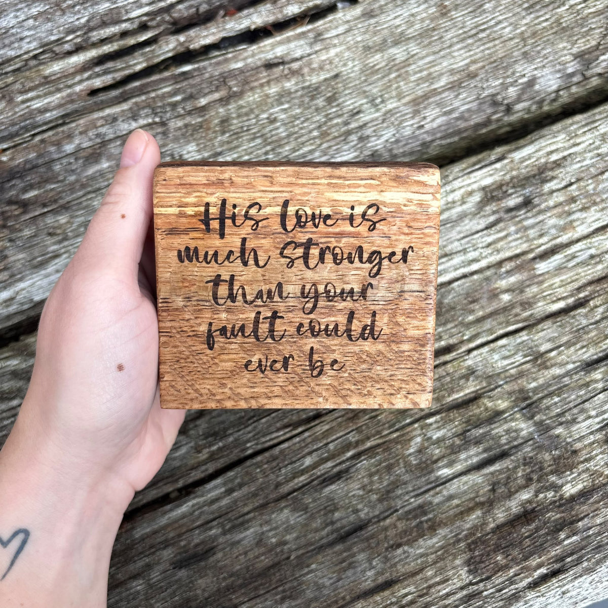 'His love is much stronger than your fault could ever be' decorative plaque