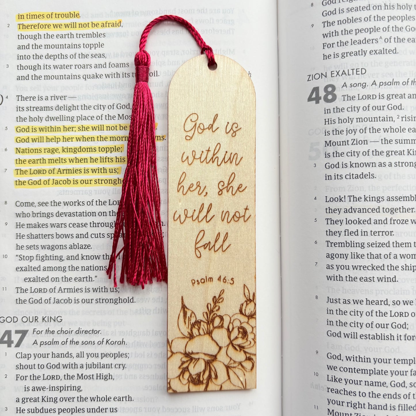 'God is within her, she will not fall' laser engraved wooden bookmark