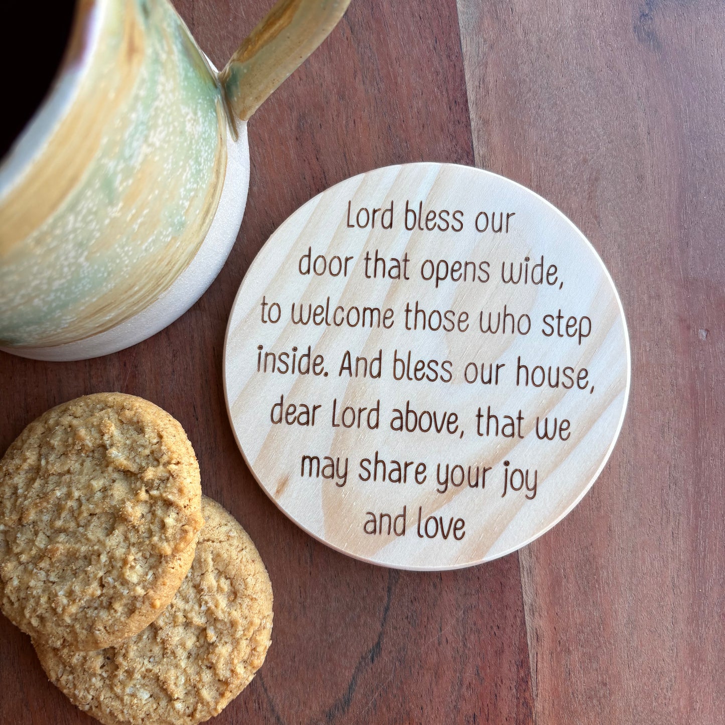 'Bless our door' wooden coaster