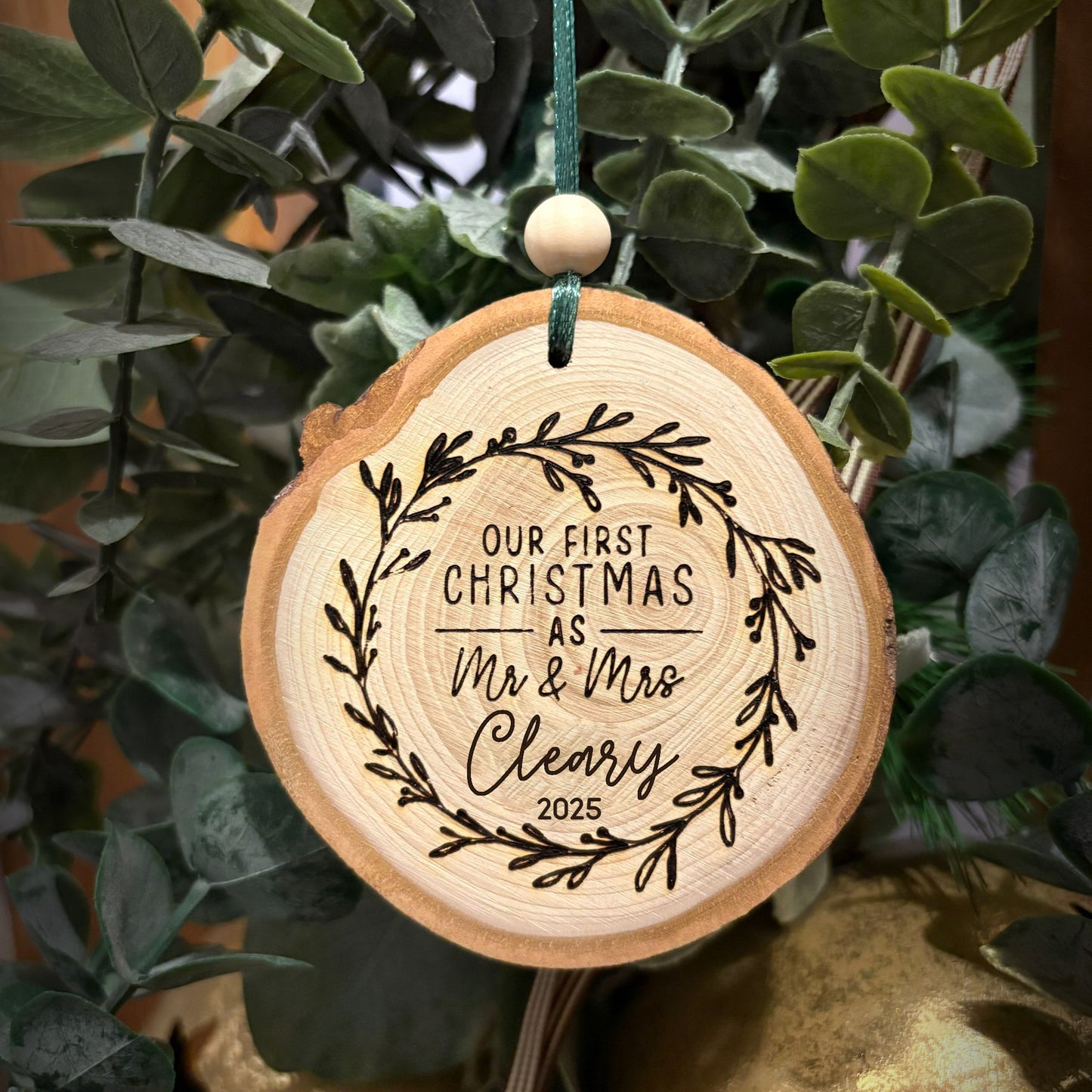 ❆ 'First Christmas as Mr & Mrs' personalised log slice bauble
