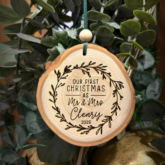 ❆ 'First Christmas as Mr & Mrs' personalised log slice bauble