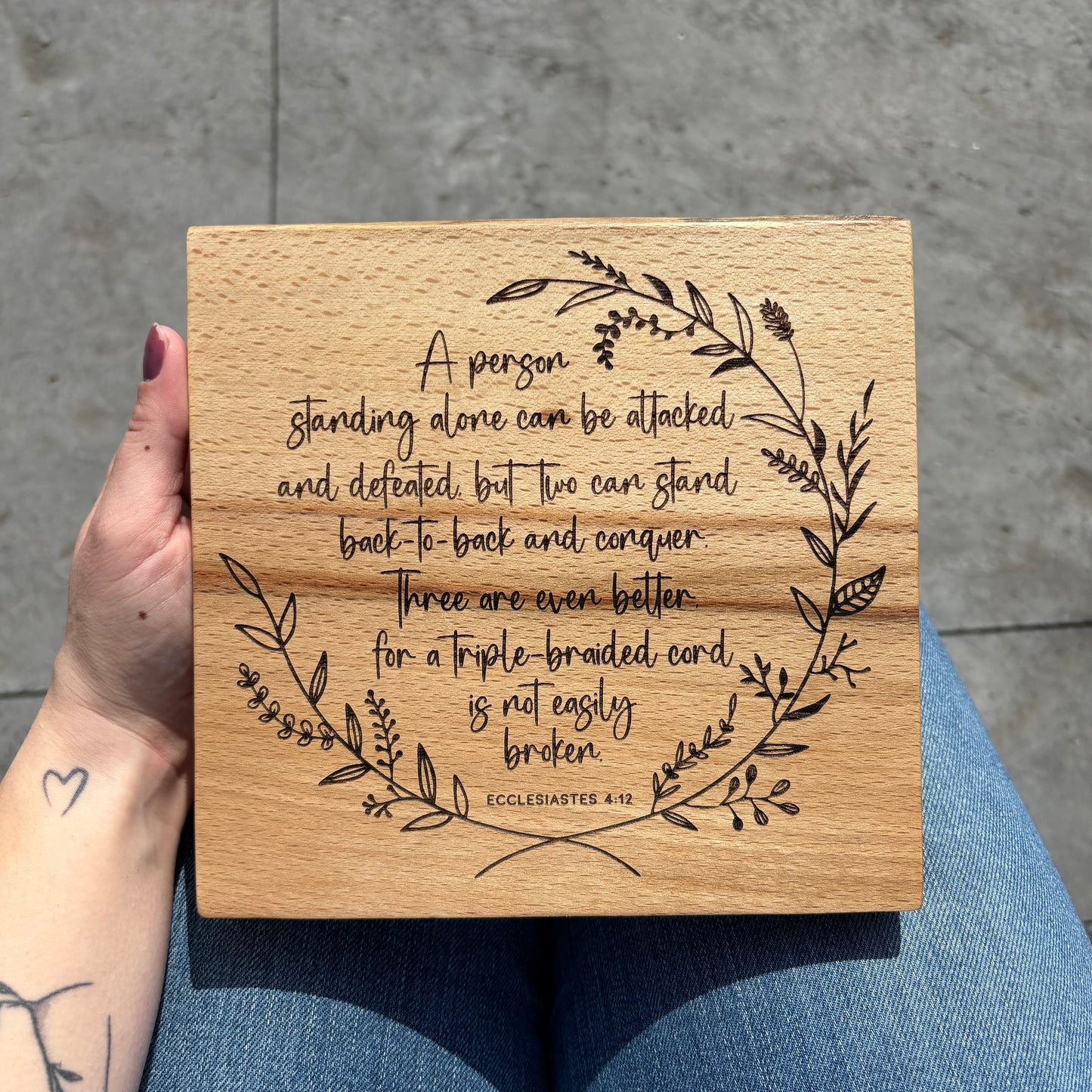 'A triple-braided cord is not easily broken' Beech decorative plaque