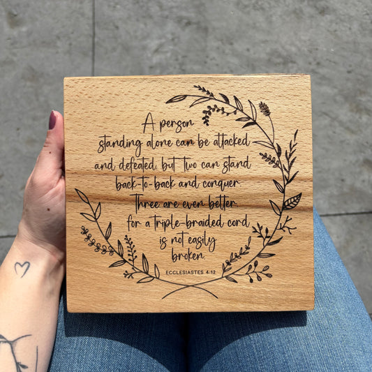 'A triple-braided cord is not easily broken' Beech decorative plaque