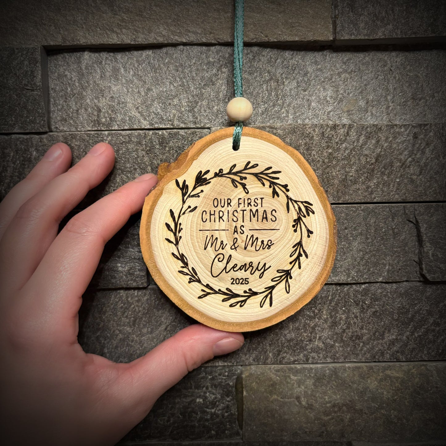 ❆ 'First Christmas as Mr & Mrs' personalised log slice bauble