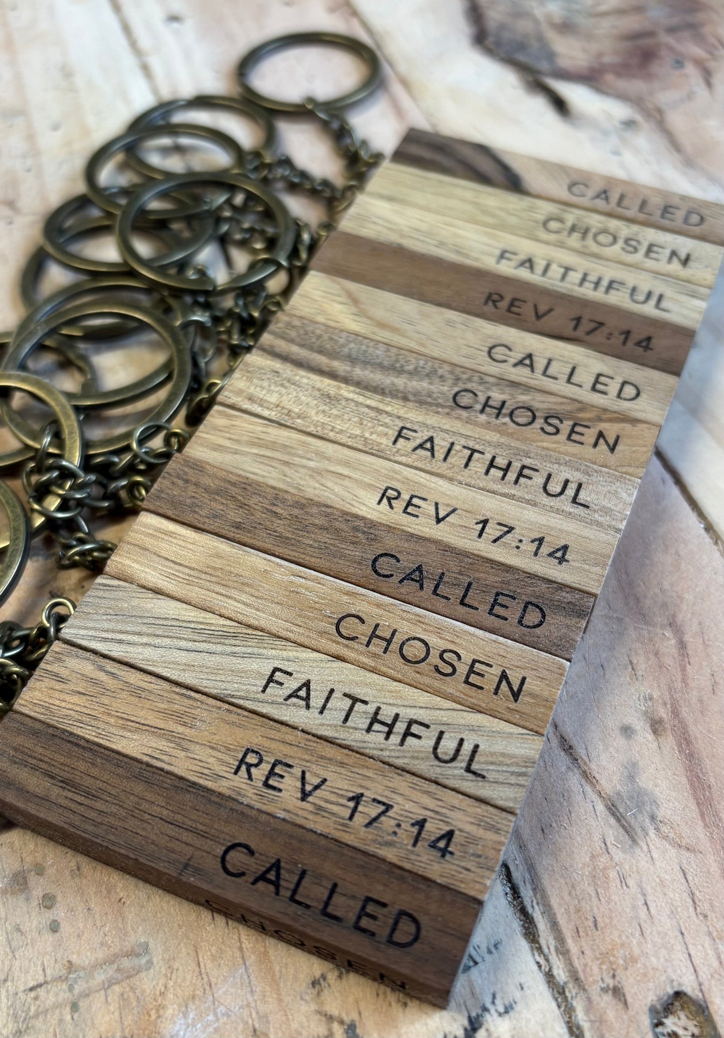 'Called, Chosen, Faithful' walnut bar keyring