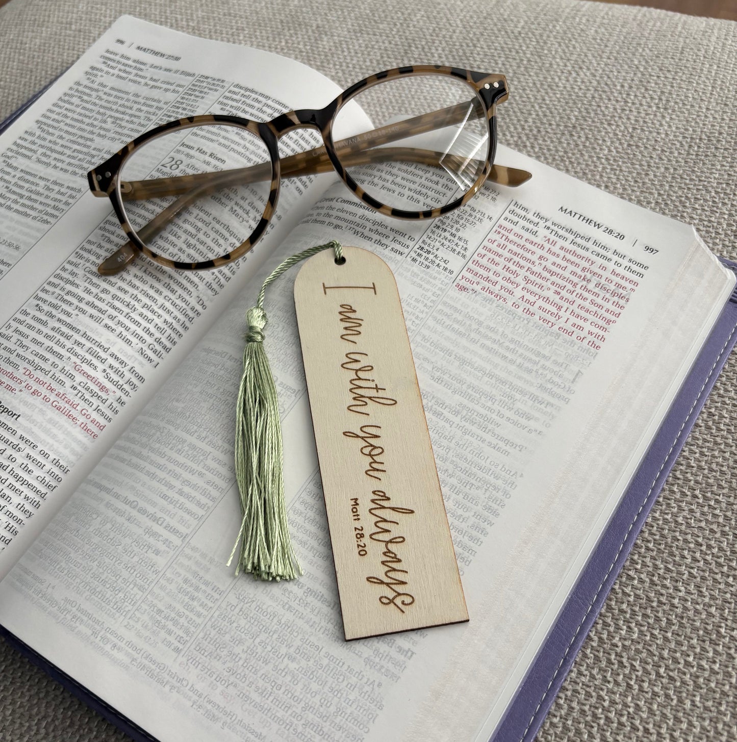 'I am with you always' laser engraved wooden bookmark