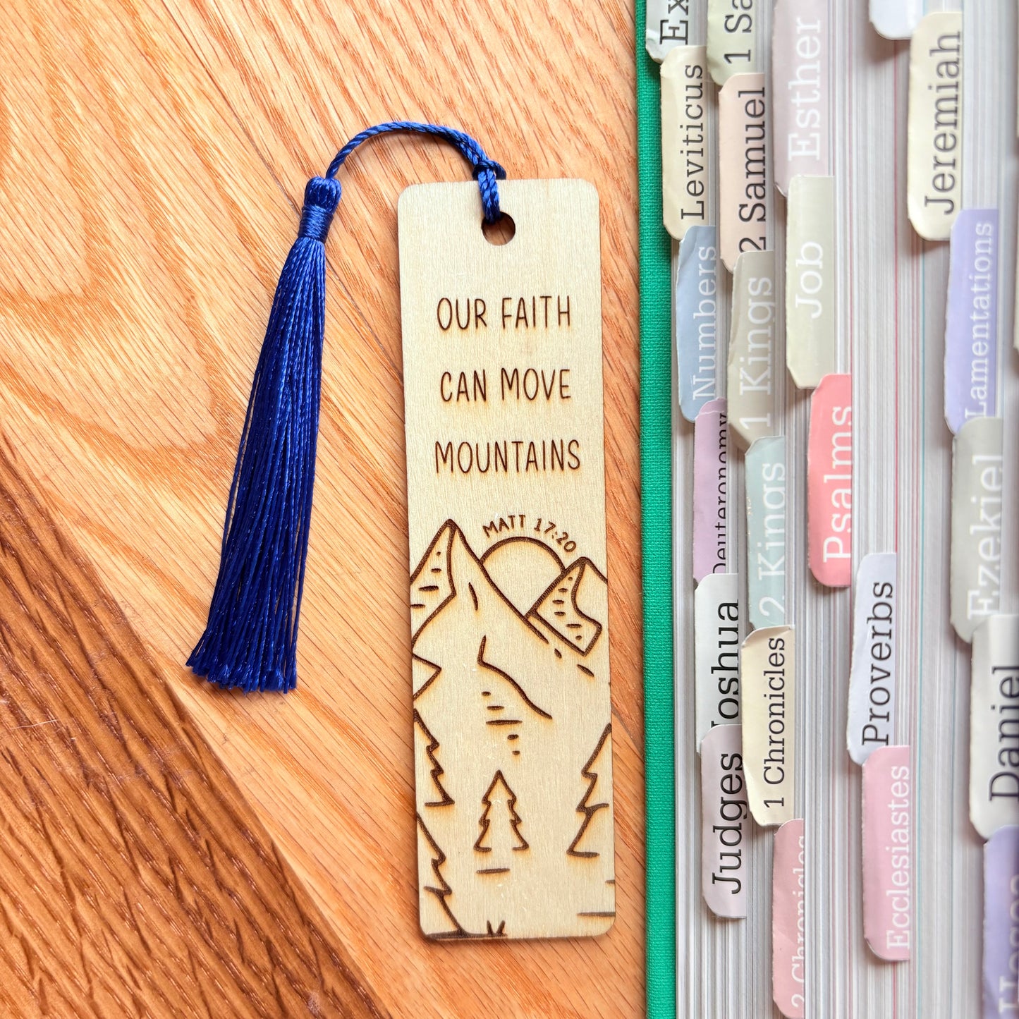 'Our faith can move mountains' laser engraved wooden bookmark
