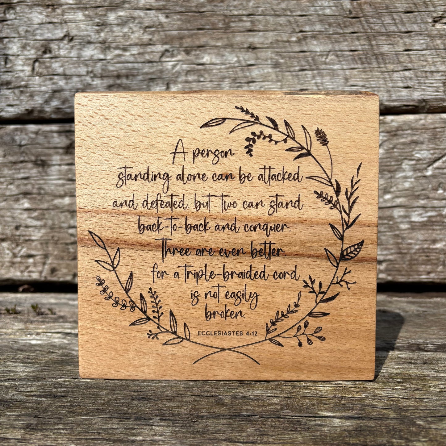 'A triple-braided cord is not easily broken' Beech decorative plaque