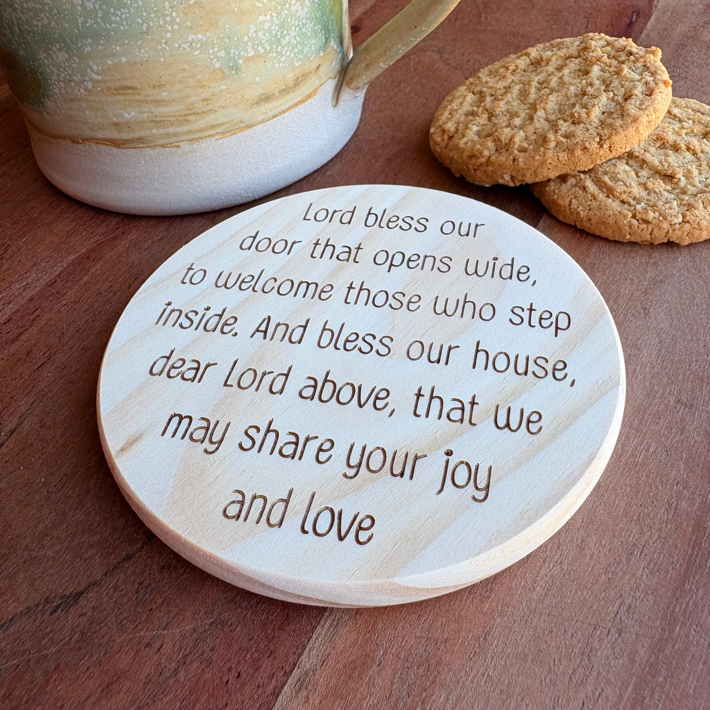 'Bless our door' wooden coaster