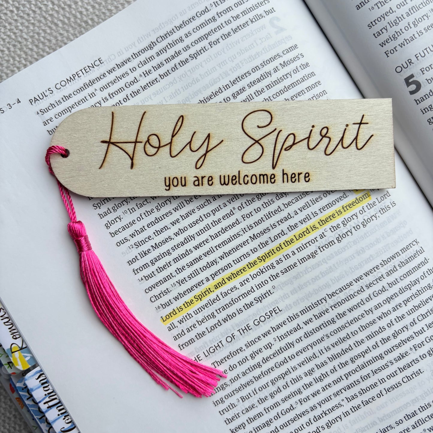 'Holy Spirit you are welcome here' laser engraved wooden bookmark