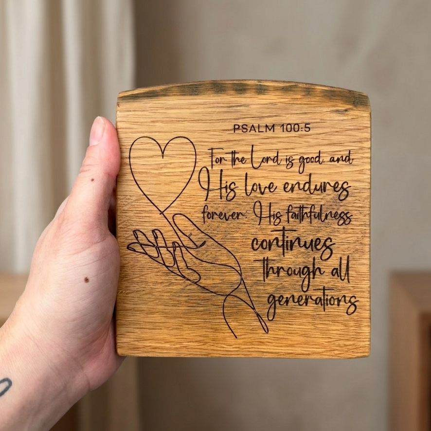 'For the Lord is good and his love endures' white oak plaque