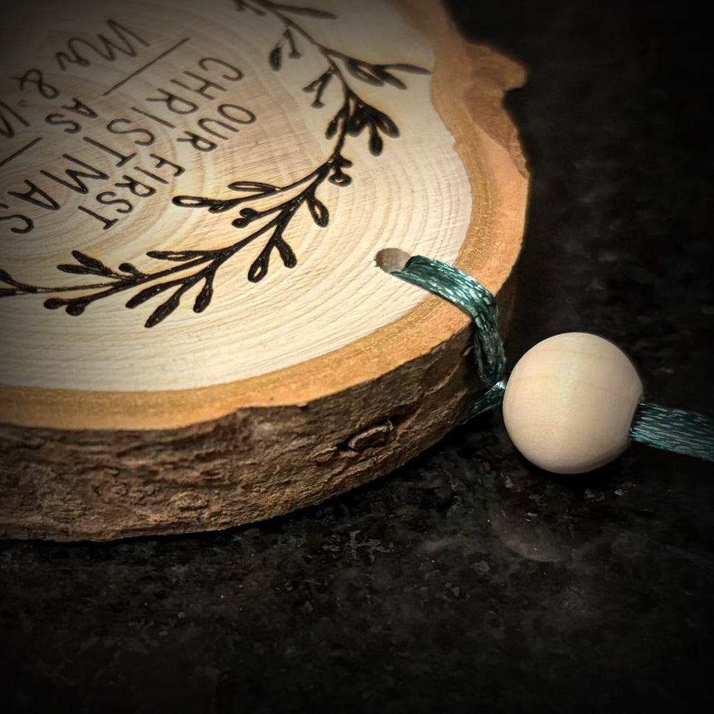 ❆ 'First Christmas as Mr & Mrs' personalised log slice bauble