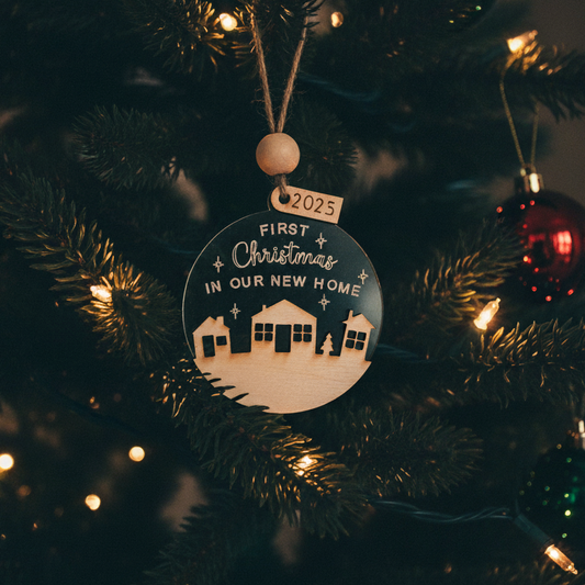 ❆ 'First Christmas in our new home' - wood/acrylic Christmas bauble