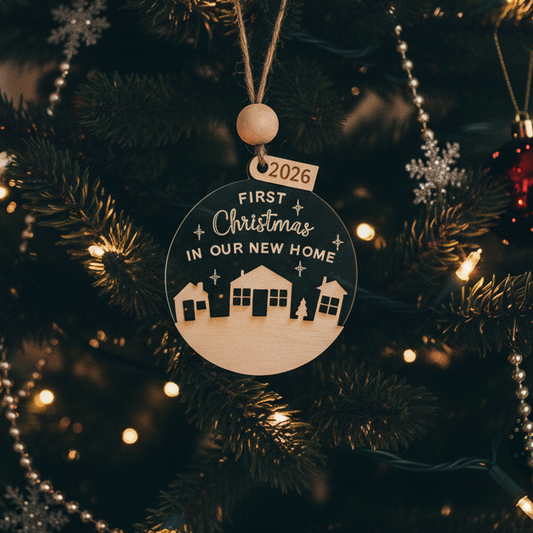 ❆ ‘First Christmas in our new home' - wood/acrylic Christmas bauble