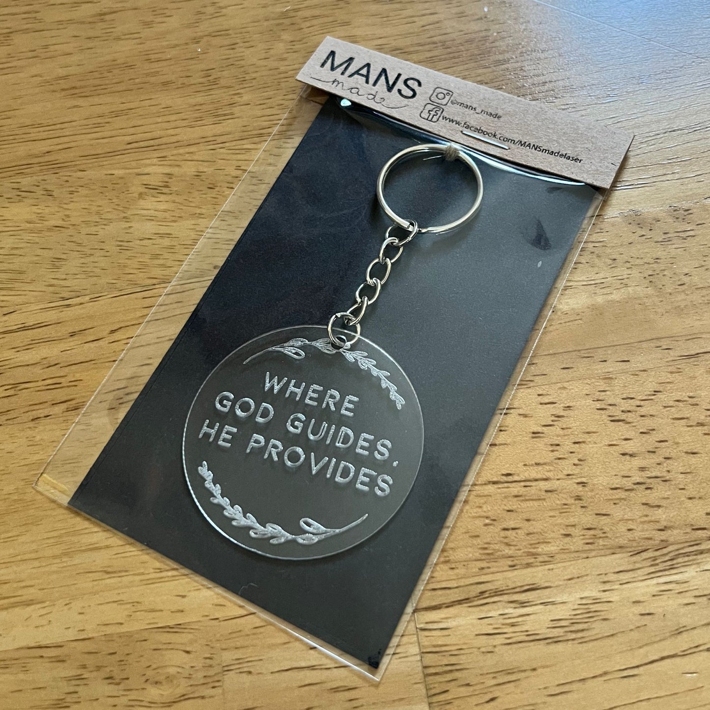 ‘Where God guides, He provides' acrylic keyring