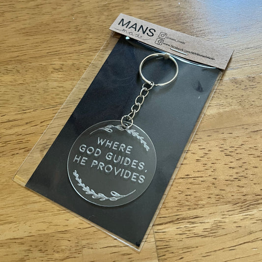 ‘Where God guides, He provides' acrylic keyring