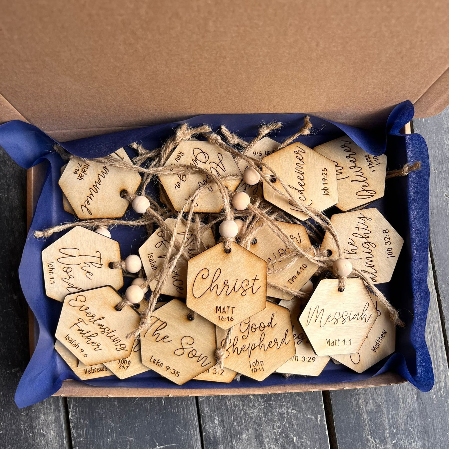 ❆ ‘Names of Christ advent baubles' - set of 25 wooden baubles