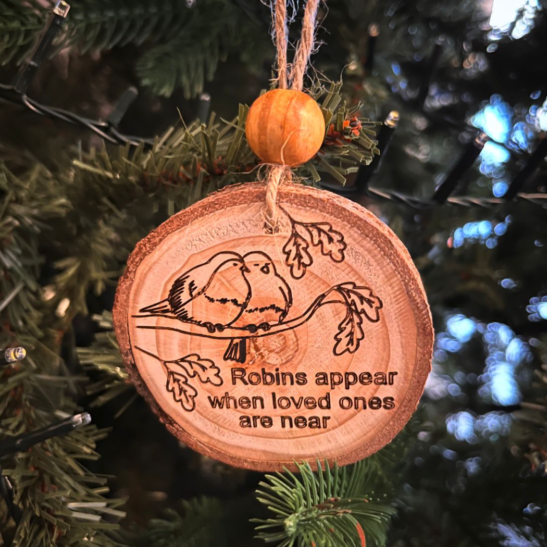 ❆ ‘Robins appear’ remembrance log slice bauble