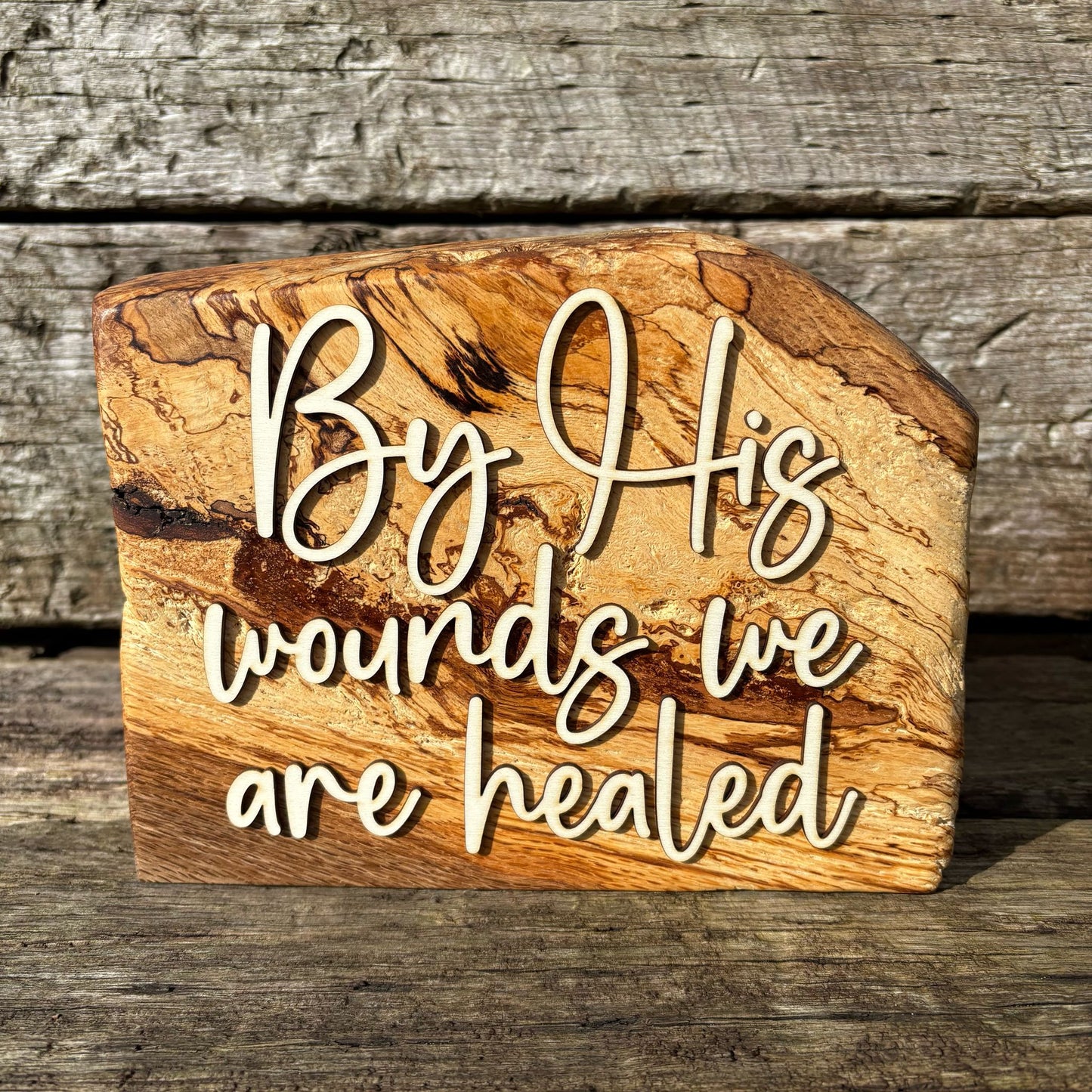 'By His wounds we are healed' - live edge rustic decorative plaque