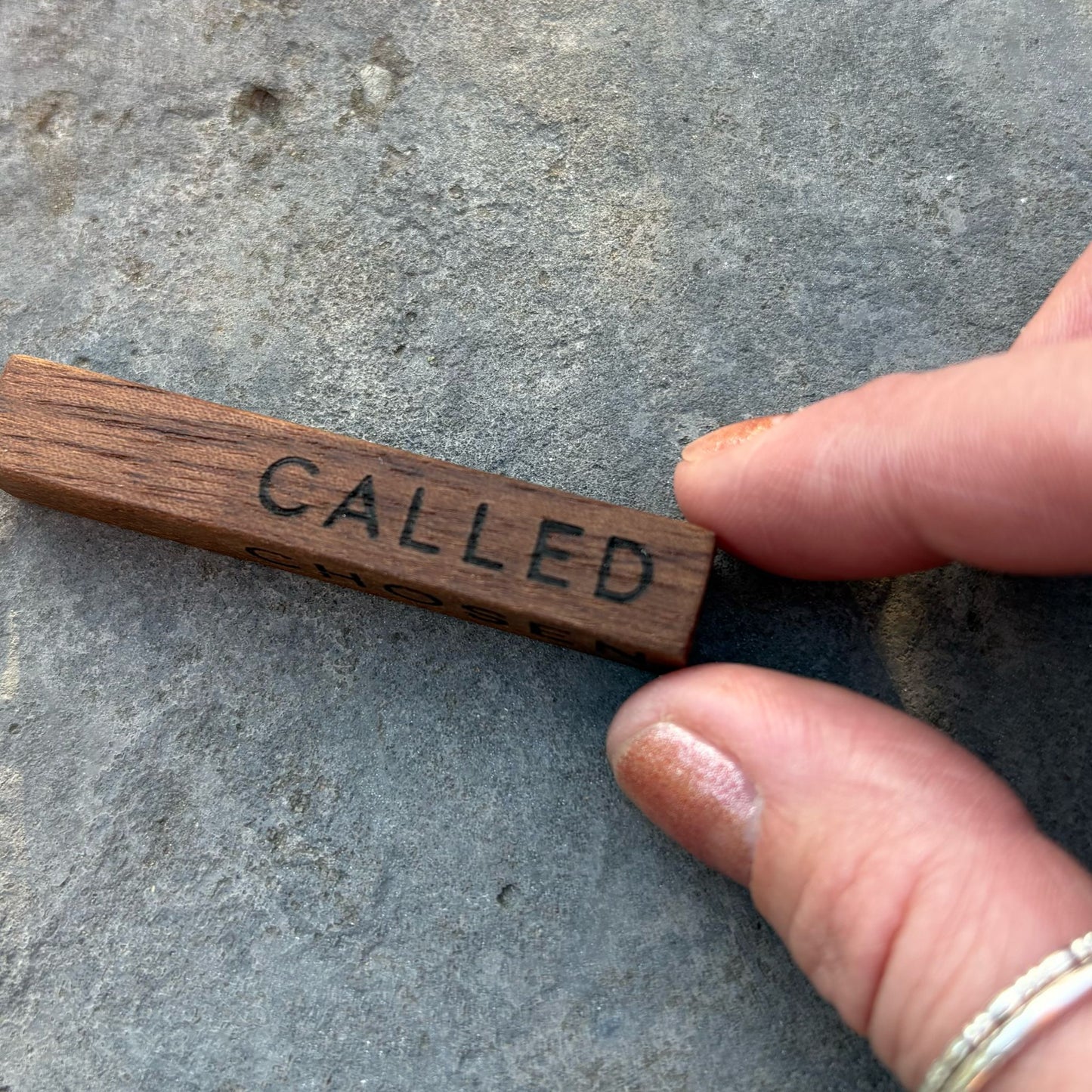 'Called, Chosen, Faithful' walnut bar keyring