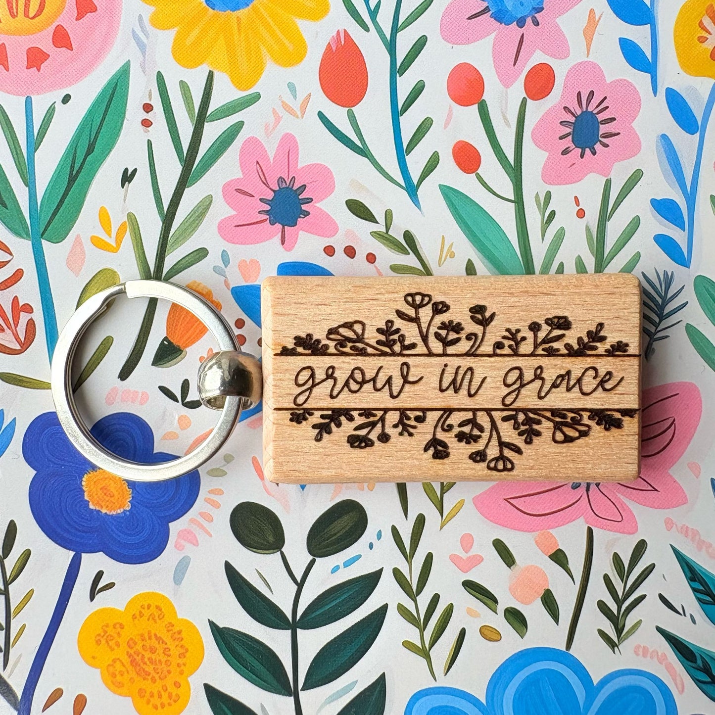 'Grow in grace' wooden keyring