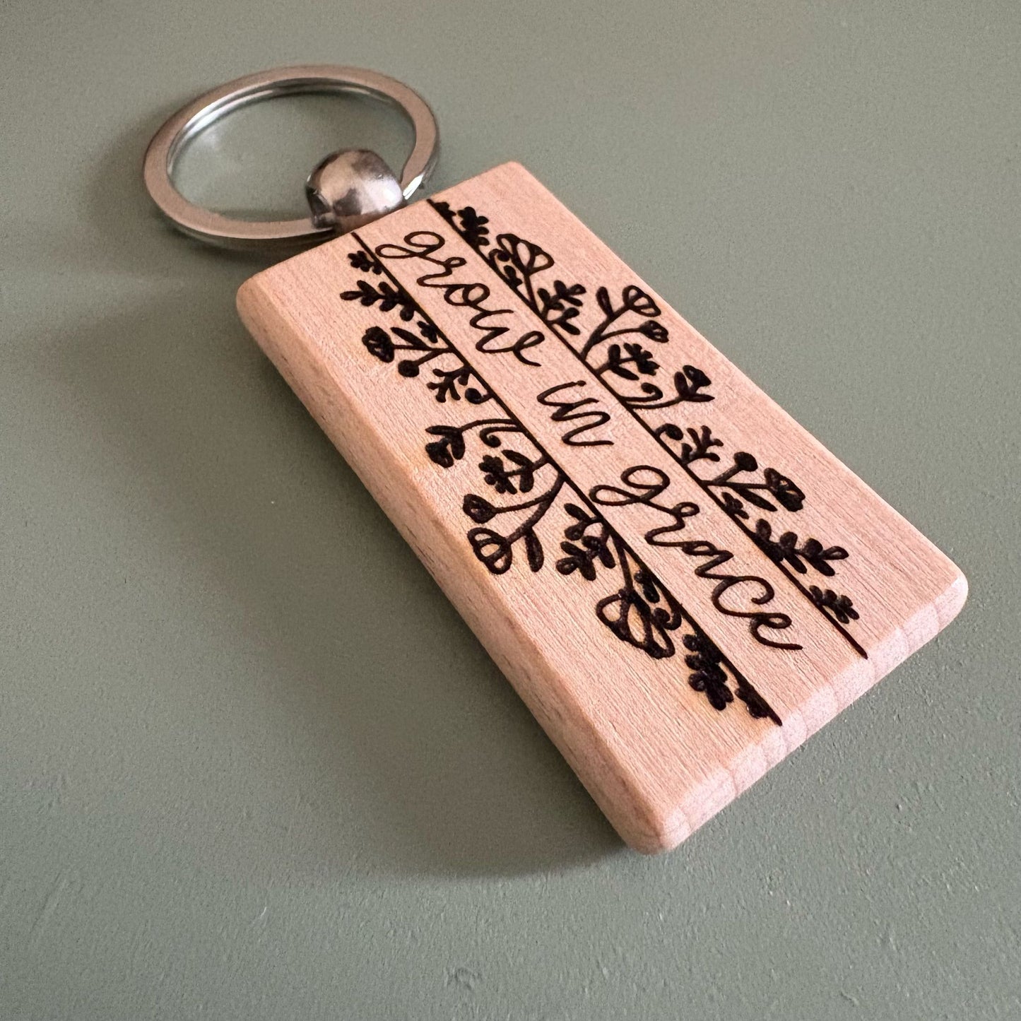 'Grow in grace' wooden keyring