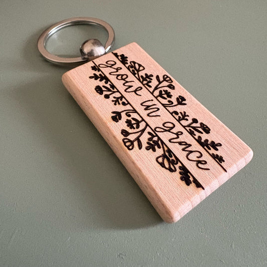 'Grow in grace' wooden keyring