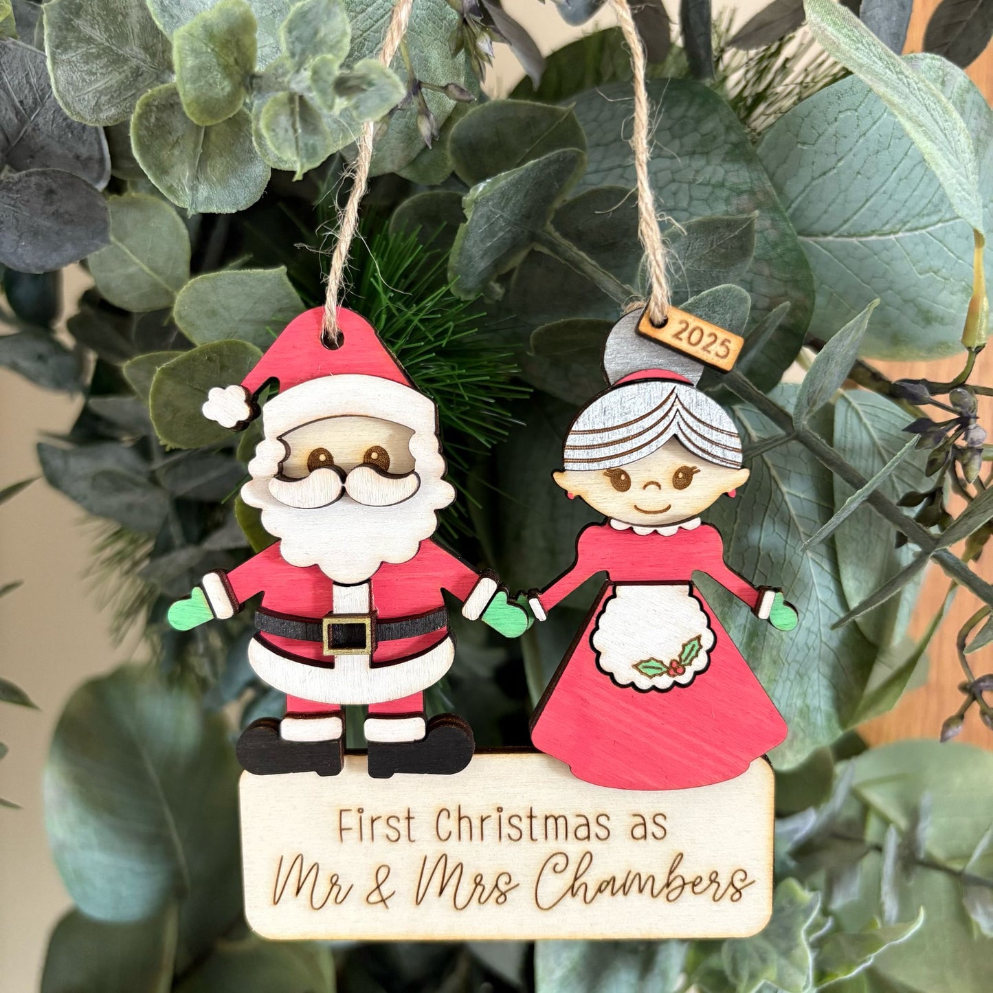 ❆ 'First Christmas as Mr & Mrs' personalised wooden Christmas bauble