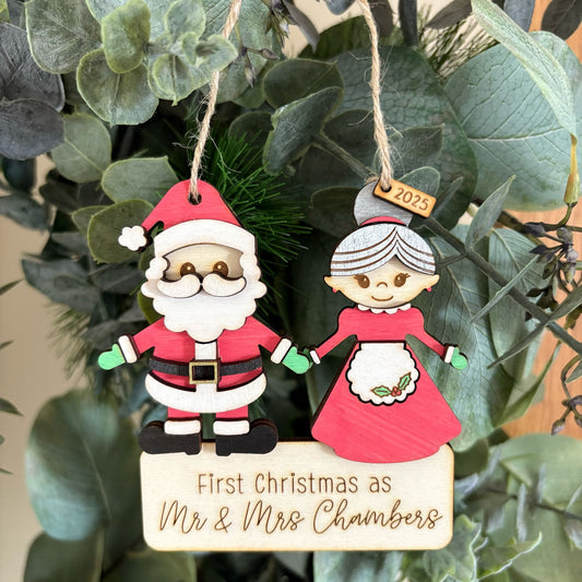 ❆ 'First Christmas as Mr & Mrs' personalised wooden Christmas bauble