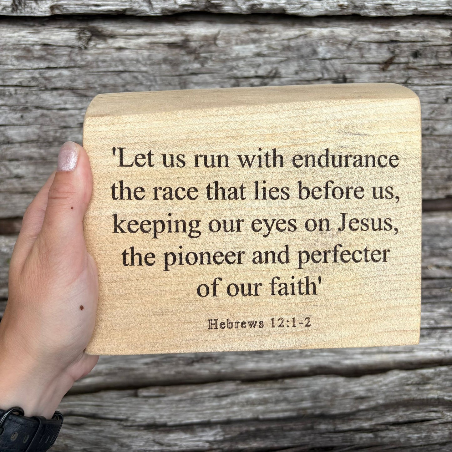'Let us run with endurance' - live edge sycamore wooden plaque
