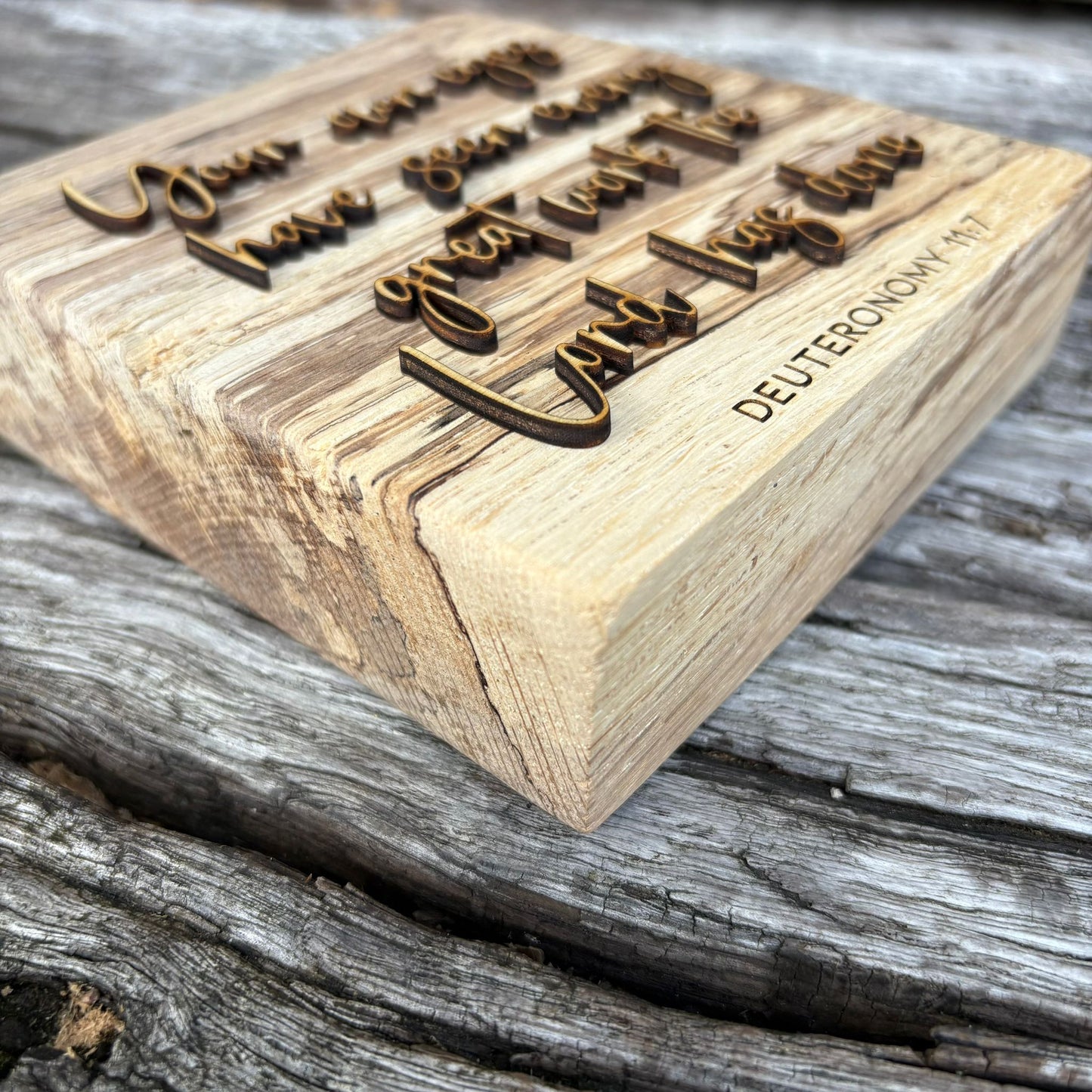 'Every great work the Lord has done' - rustic decorative plaque