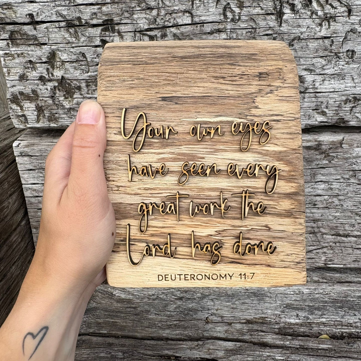 'Every great work the Lord has done' - rustic decorative plaque