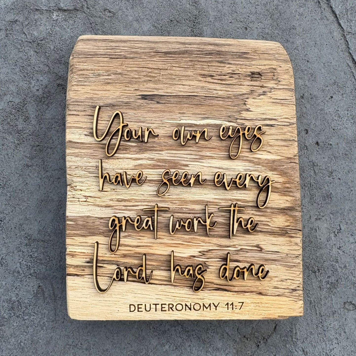 'Every great work the Lord has done' - rustic decorative plaque