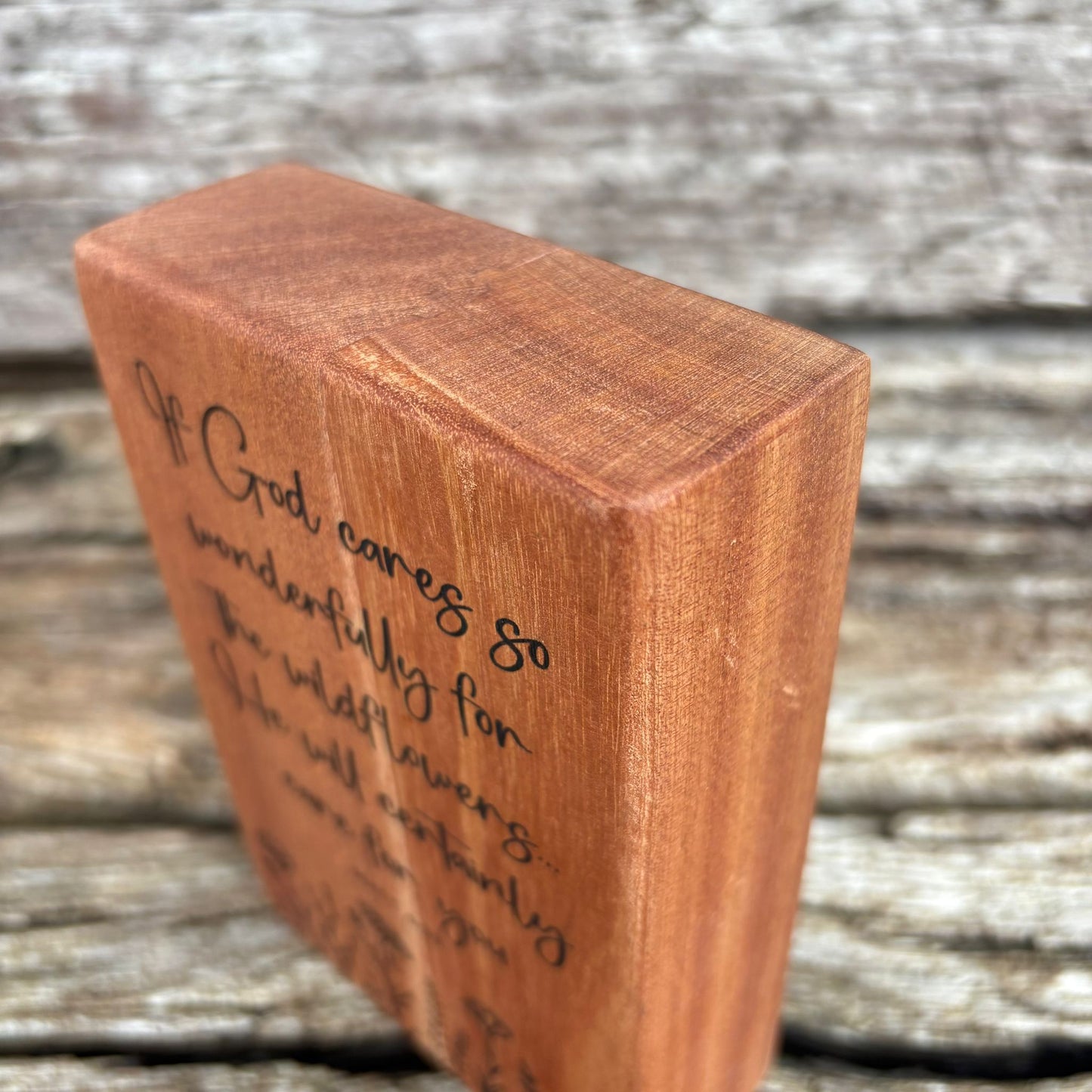 'If God cares so wonderfully for the wildflowers' - mahogany decorative plaque