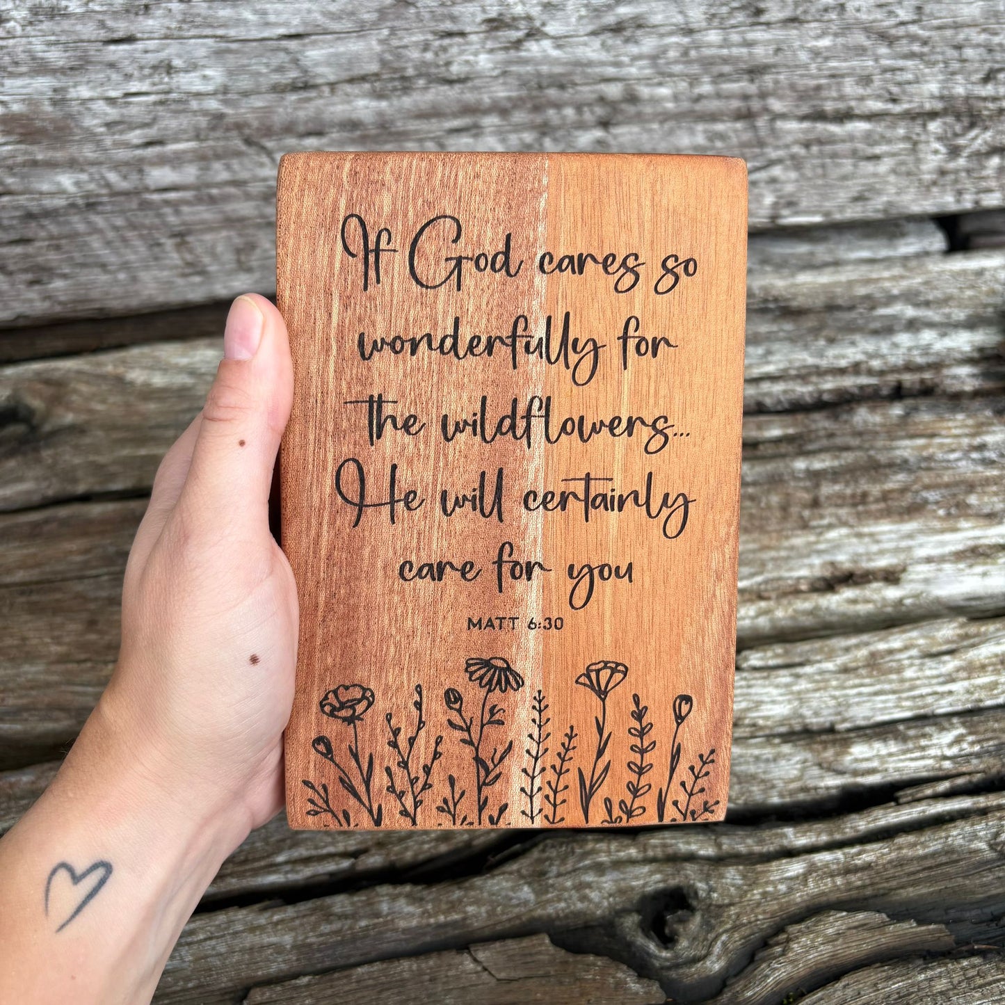 'If God cares so wonderfully for the wildflowers' - mahogany decorative plaque