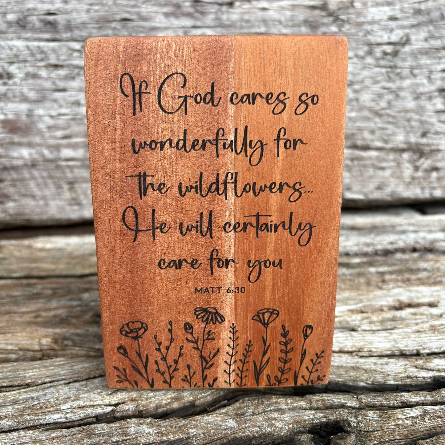 'If God cares so wonderfully for the wildflowers' - mahogany decorative plaque