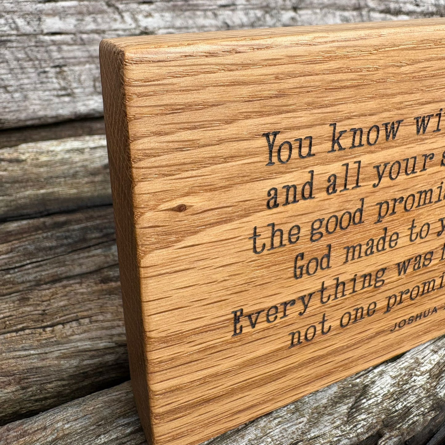 'Not one promise has failed' laser engraved oak plaque