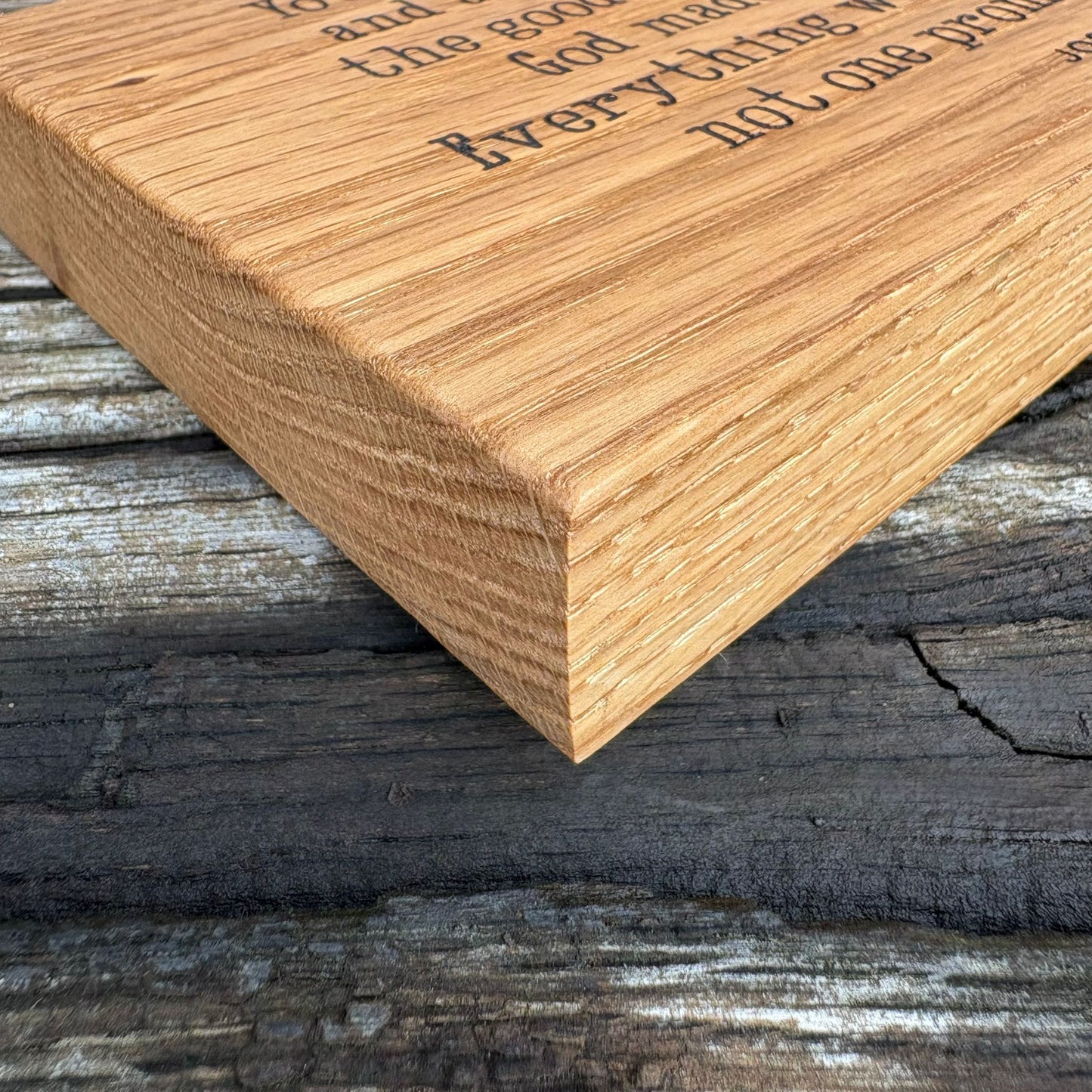 'Not one promise has failed' laser engraved oak plaque