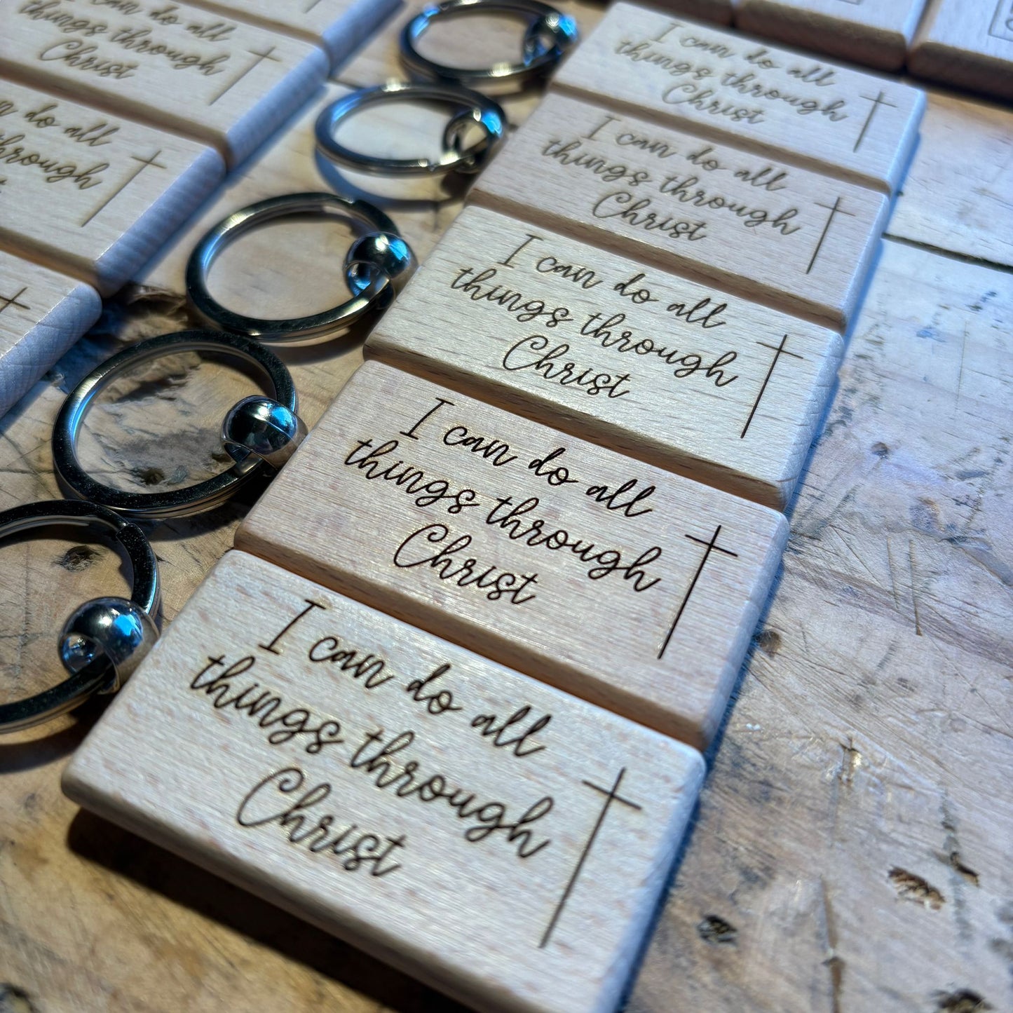'I can do all things through Christ' wooden keyring