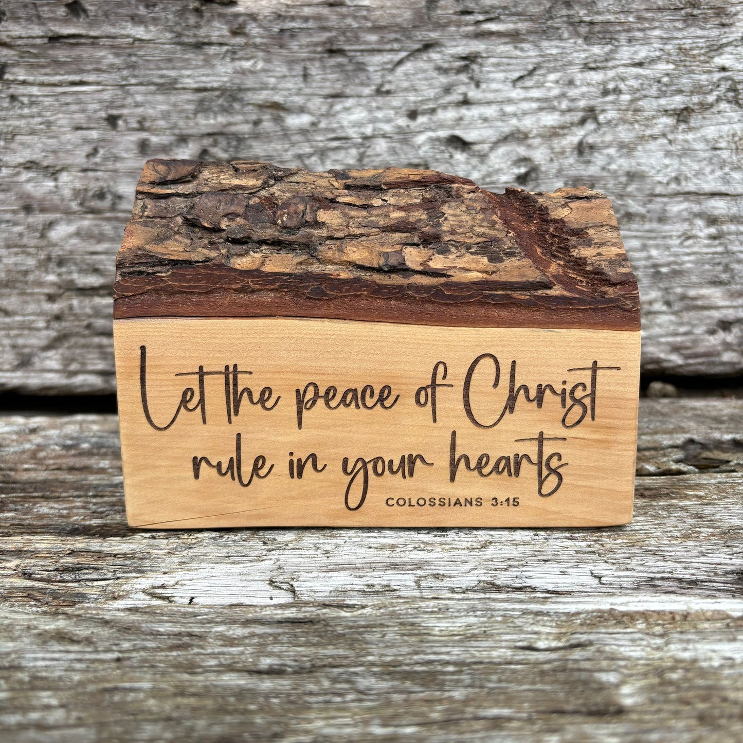 'Let the peace of Christ rule in your hearts' live edge Lebanese cedar plaque